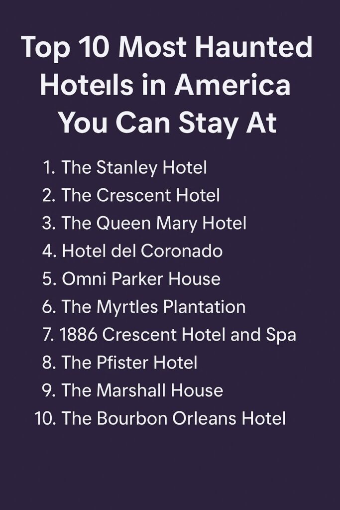 Vertical infographic on a dark purple background listing the Top 10 Most Haunted Hotels in America You Can Stay At, with bold white title text and a numbered list of hotel names in clean white font for easy reading.