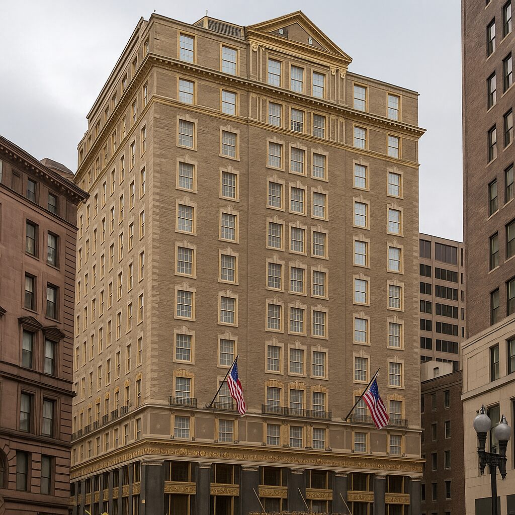 Realistic 300x250 image of the Omni Parker House in Boston, Massachusetts featuring its elegant historic beige facade with golden architectural details, tall windows, and American flags, set along a busy downtown street under an overcast sky.