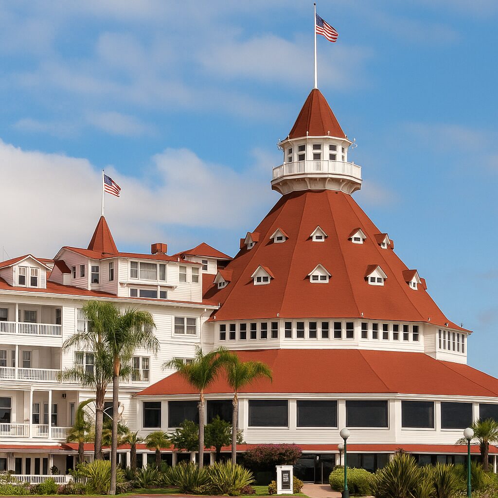"Realistic 300x250 image of the historic Hotel del Coronado in San Diego, California featuring its iconic red conical roof, white Victorian architecture, palm trees, and clear blue sky with American flags flying."