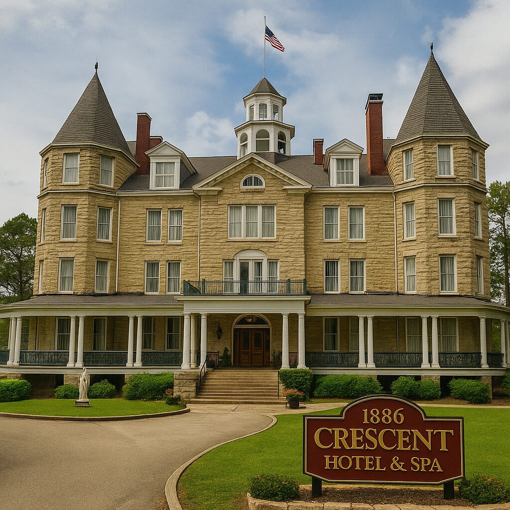 Realistic 300x250 image of the 1886 Crescent Hotel and Spa in Eureka Springs, Arkansas featuring its historic limestone Victorian architecture with twin turrets, wraparound porch, central cupola, and landscaped front lawn under a partly cloudy sky.