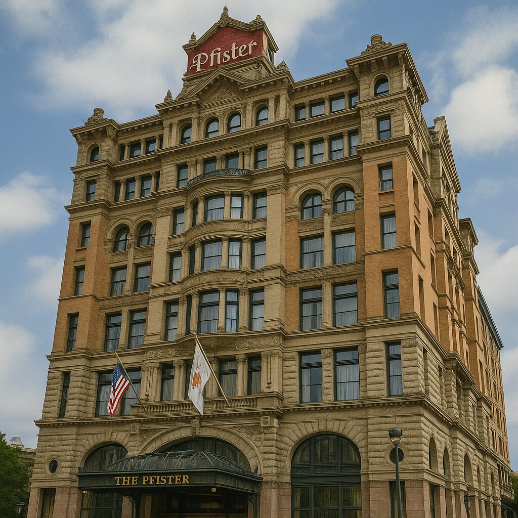 Realistic 300x250 image of The Pfister Hotel in Milwaukee, Wisconsin showing its Romanesque Revival architecture with ornate stonework, red-brick exterior, arched windows, and the red Pfister sign under a partly cloudy blue sky.