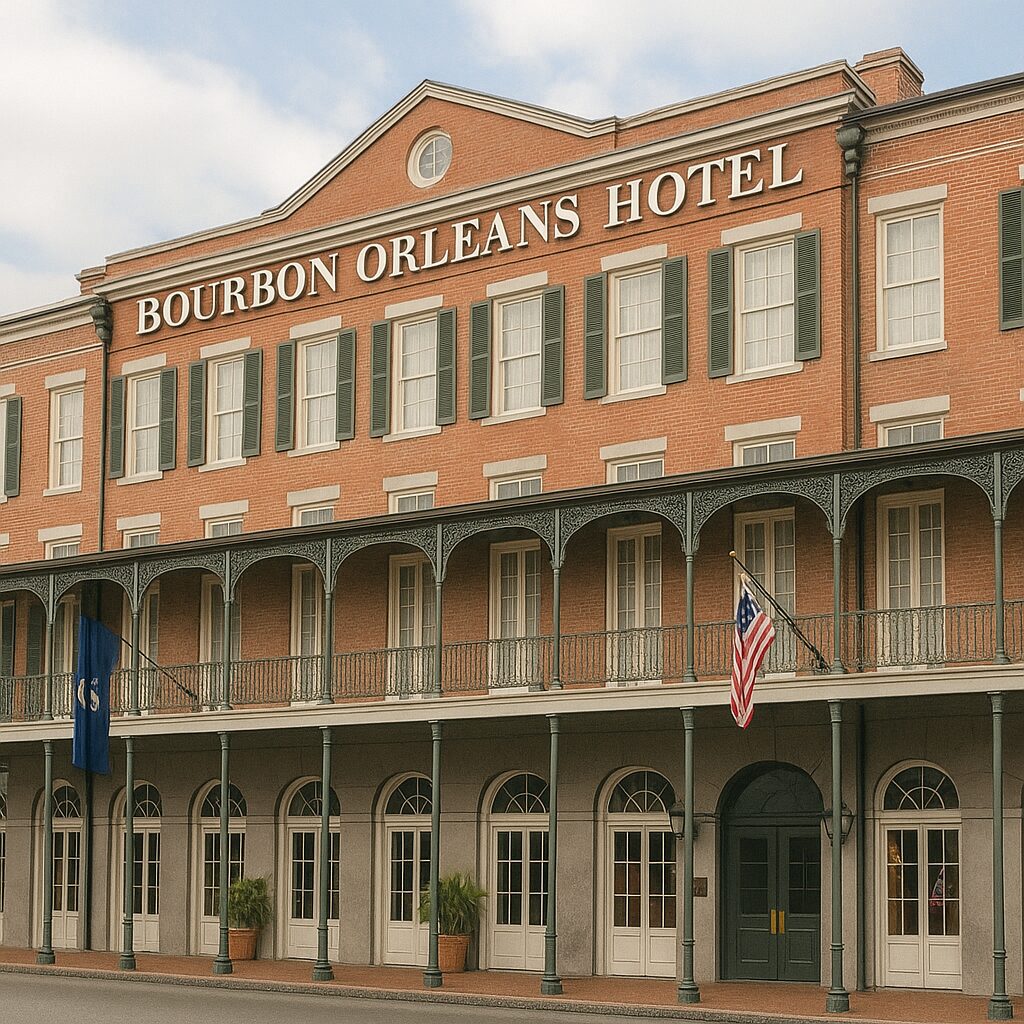 Realistic 300x250 image of the Bourbon Orleans Hotel in New Orleans, Louisiana showing its historic red-brick facade, wrought-iron balcony railings, tall arched windows, and green shutters under a bright blue sky with an American flag displayed.