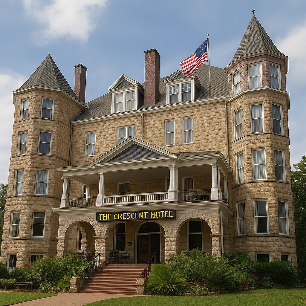 "Realistic 300x250 image of the 1886 Crescent Hotel and Spa in Eureka Springs, Arkansas featuring its historic limestone Victorian architecture with twin turrets, wraparound porch, central cupola, and landscaped front lawn under a partly cloudy sky."