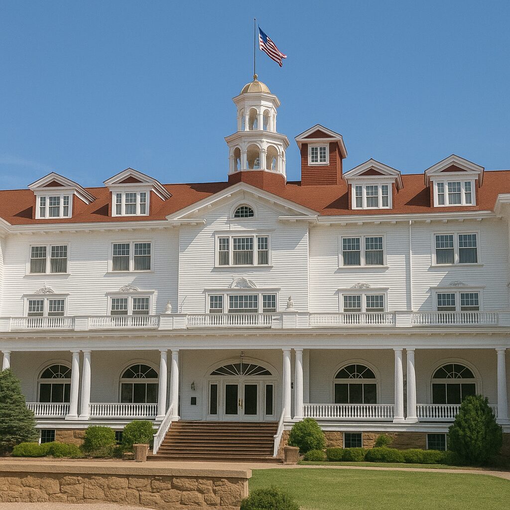 Realistic 300x250 image of the Stanley Hotel in Estes Park, Colorado showing its white Colonial Revival architecture, red gabled roof, central cupola with American flag, and manicured green lawn under a clear blue sky with no text overlay.