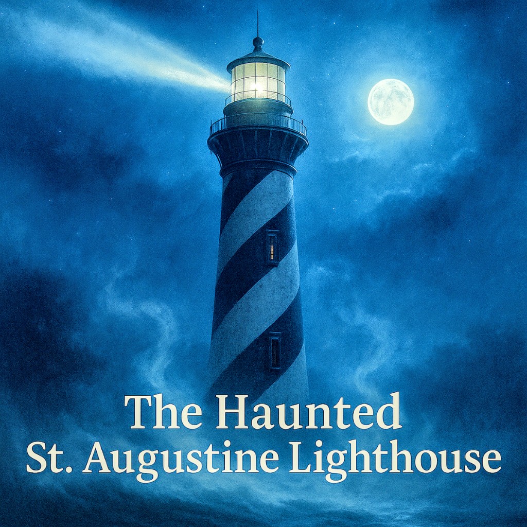 A realistic night view of the St. Augustine Lighthouse under a bright full moon with mist swirling around the base and a glowing light beam cutting through the fog, featuring the text “The Haunted St. Augustine Lighthouse.