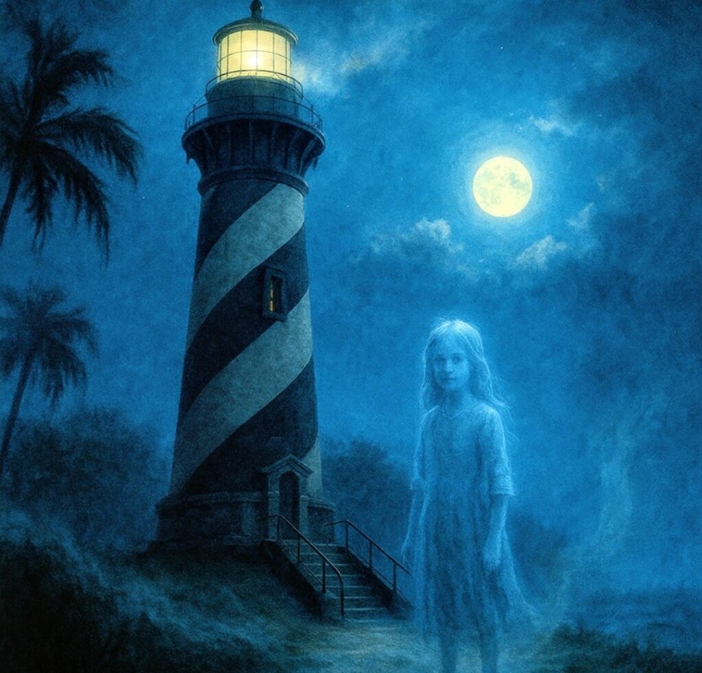 A realistic night scene of the St. Augustine Lighthouse under a full moon with mist and palm trees, featuring a faint transparent ghostly girl near the steps, creating an eerie paranormal atmosphere.