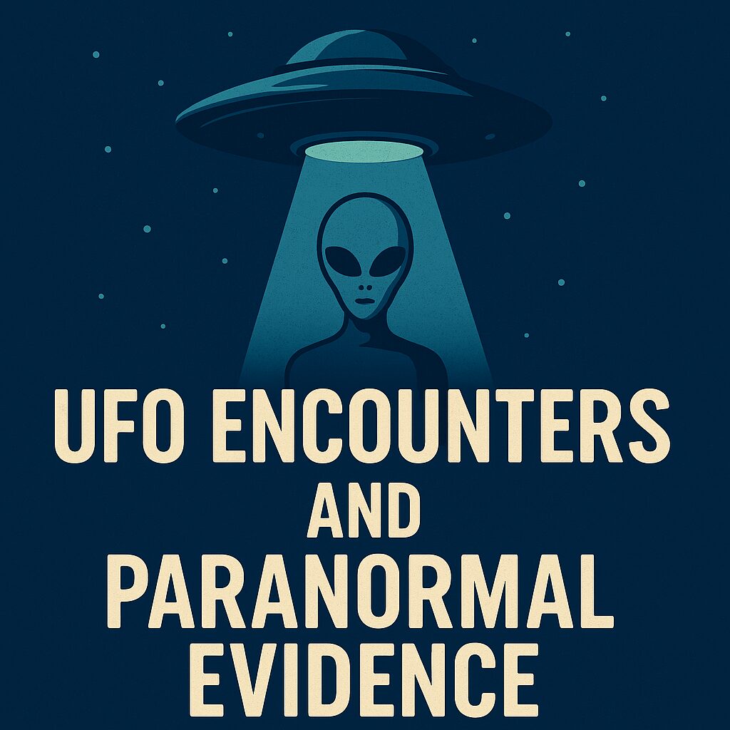 Illustration of a UFO hovering above a navy blue background with a glowing beam highlighting an alien silhouette. The text ‘UFO Encounters and Paranormal Evidence’ appears in bold white font, creating a mysterious sci-fi theme.