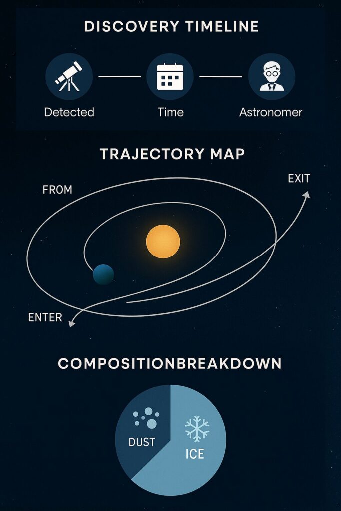 An educational vertical infographic titled “The Journey of 3I/ATLAS: The Interstellar Comet from Beyond” showing four sections: a discovery timeline with telescope and astronomer icons, a curved trajectory map illustrating the comet entering and exiting the solar system, a composition chart highlighting ice and dust, and a dark navy cosmic background with stars for a scientific and mysterious visual theme.