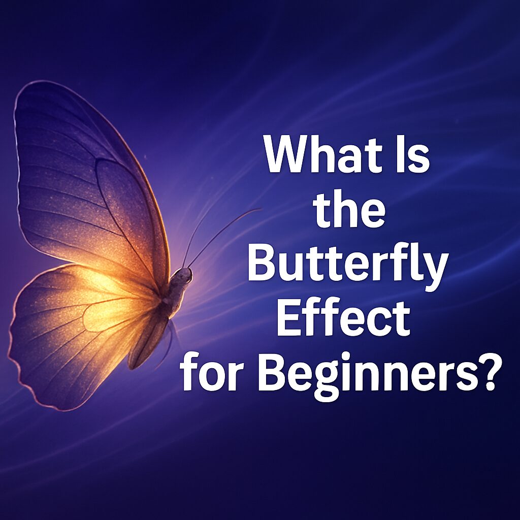 A glowing golden butterfly against a swirling navy and violet background with light trails representing energy and motion. The text reads “What Is the Butterfly Effect for Beginners?” in bold white font, symbolizing how small actions create ripple effects through science, energy, and the universe