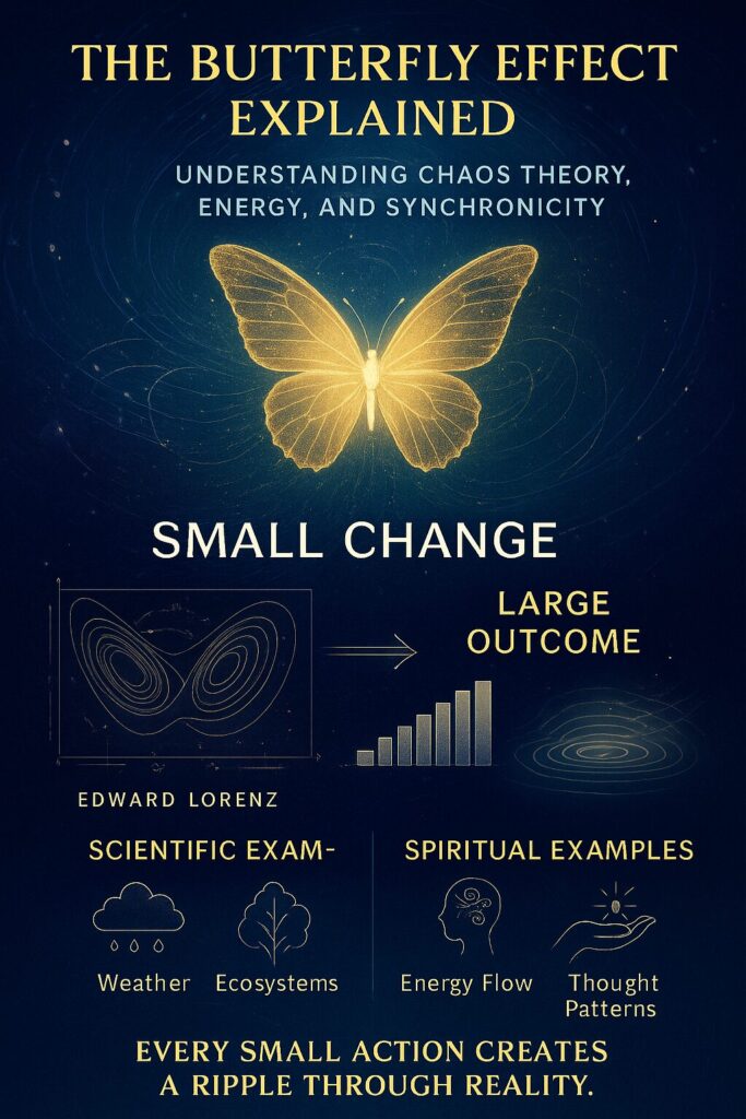 Infographic titled “The Butterfly Effect Explained: How Small Actions Create Big Changes,” featuring a glowing golden butterfly symbolizing chaos theory and universal energy. The design includes Edward Lorenz’s weather model, scientific examples like weather and ecosystems, and spiritual examples like energy flow and thought patterns. Deep blue and gold tones highlight the theme of how small changes create ripple effects through reality, with the phrase “Every small action creates a ripple through reality” and the Paraghosts.com watermark at the bottom.