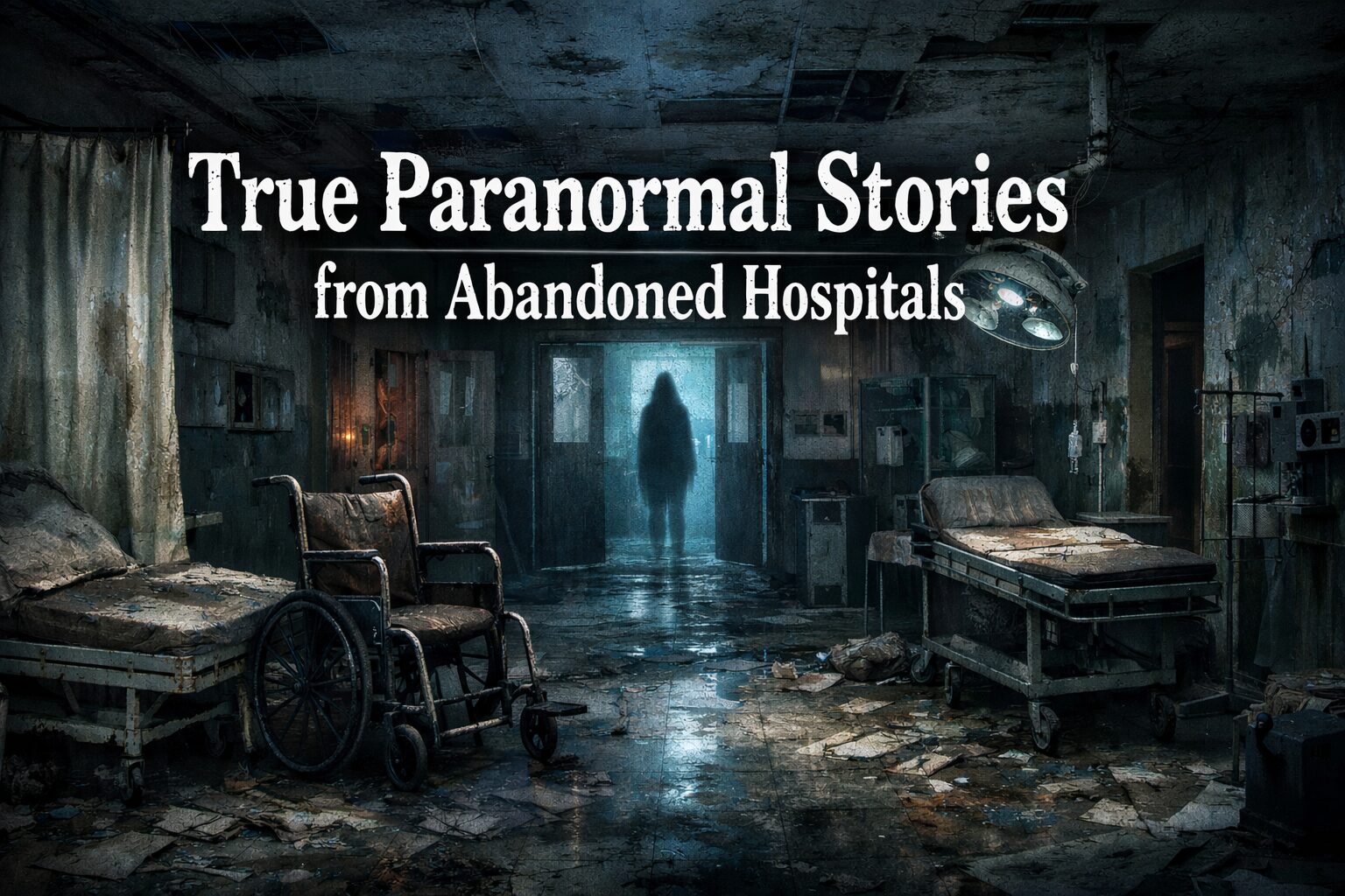 True paranormal stories from abandoned hospitals featuring a dark, decaying hospital corridor with rusted beds, broken equipment, and a shadowy ghost figure illuminated by eerie blue light.