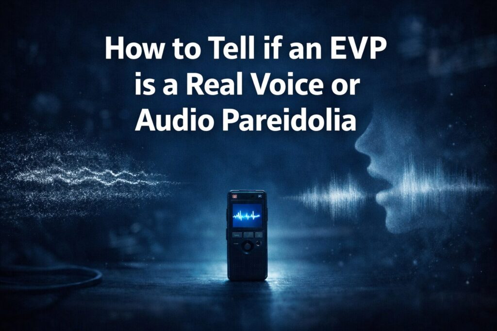 Dark blue image of a voice recorder and sound waves representing EVP and audio pareidolia