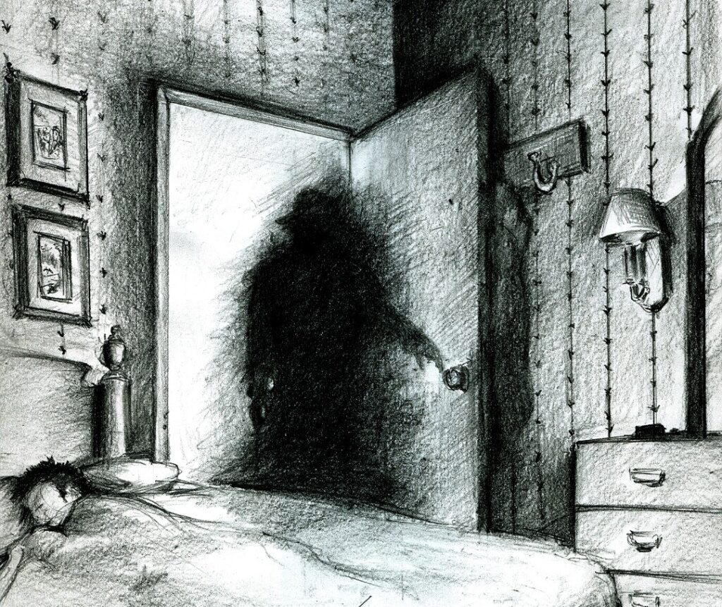 Shadow figure standing in a bedroom doorway, suggesting possible paranormal presence