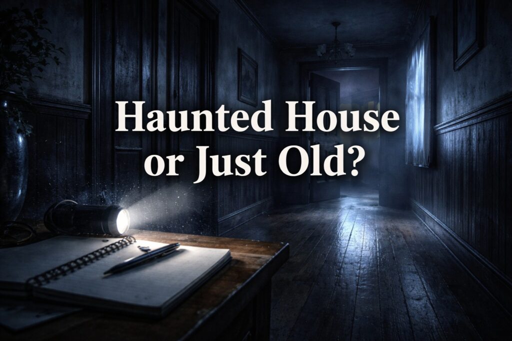 Quiet nighttime hallway in an old house with flashlight and notebook, questioning whether the home is haunted or just old