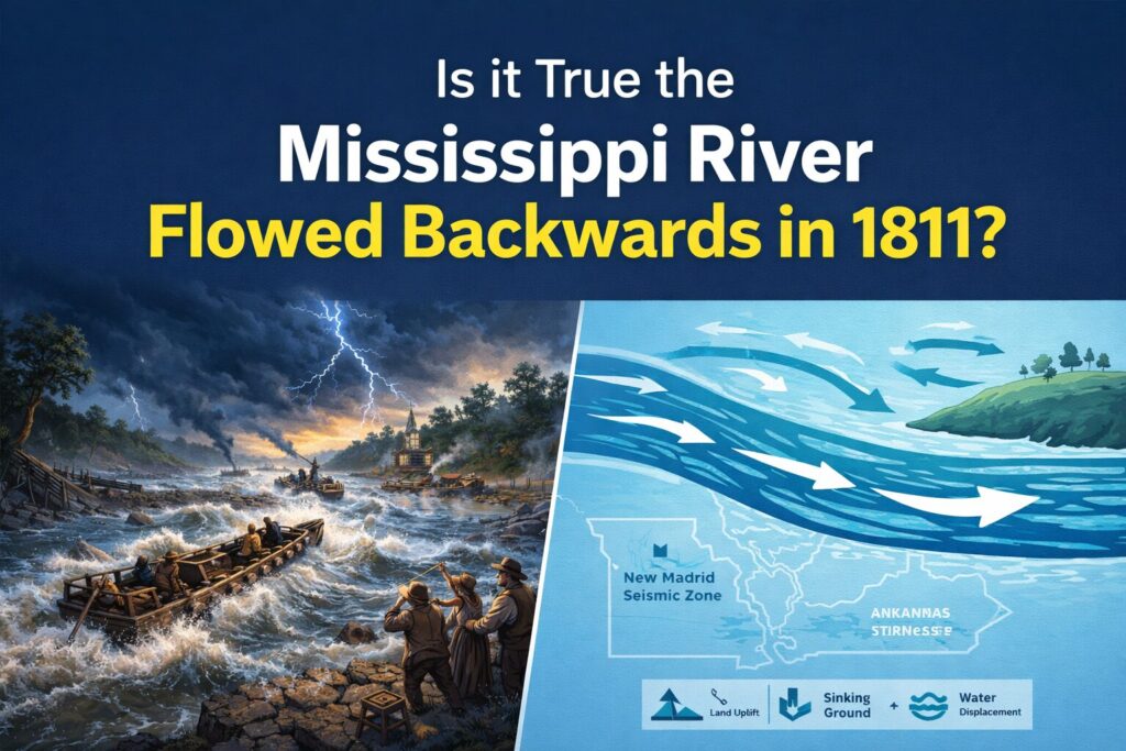Mississippi River flowing backward during the 1811 New Madrid earthquakes with dramatic waves, settlers watching, and an infographic showing reverse water flow on a navy blue background