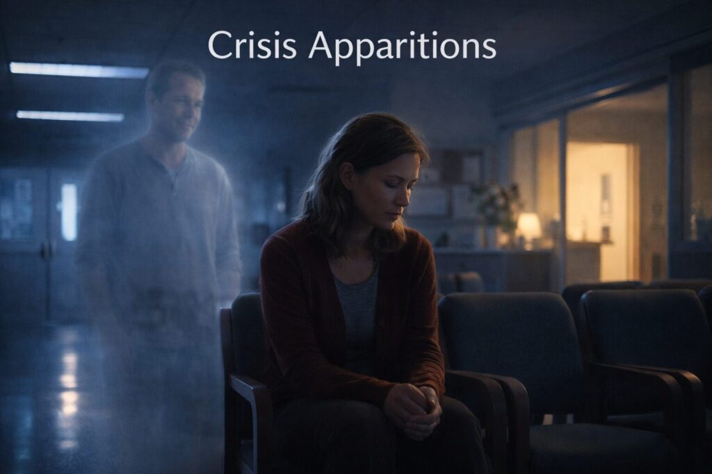 Hospital waiting room at night with a worried family member sitting alone while a calm, softly glowing crisis apparition of a loved one appears behind them, symbolizing emotional connection during a medical emergency