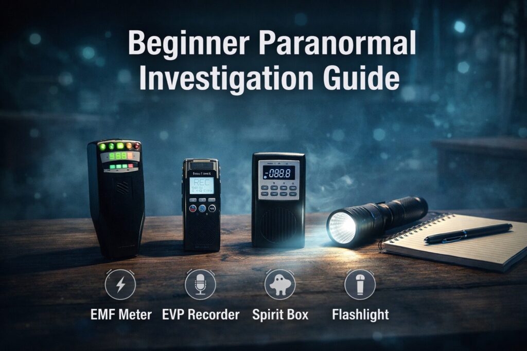 Beginner paranormal investigation setup with EMF meter, EVP recorder, spirit box, flashlight, and notebook on a wooden table with glowing orbs and mist in a dark blue background.