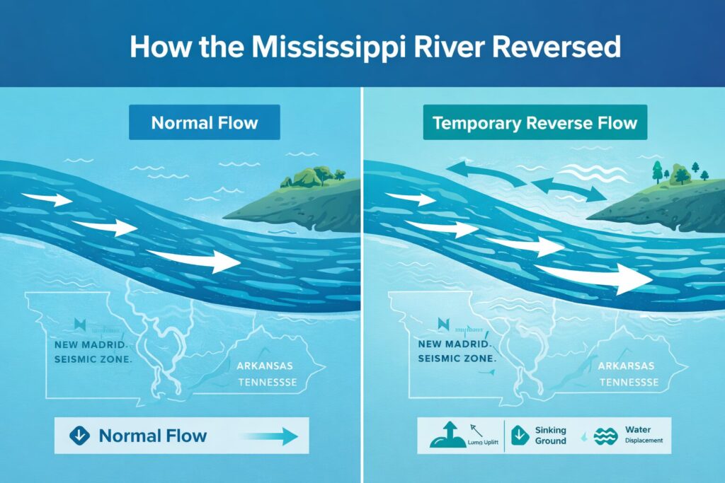 Infographic showing how the Mississippi River temporarily flowed backward in 1811, comparing normal downstream flow and reverse upstream flow caused by the New Madrid earthquakes with labeled diagrams and map