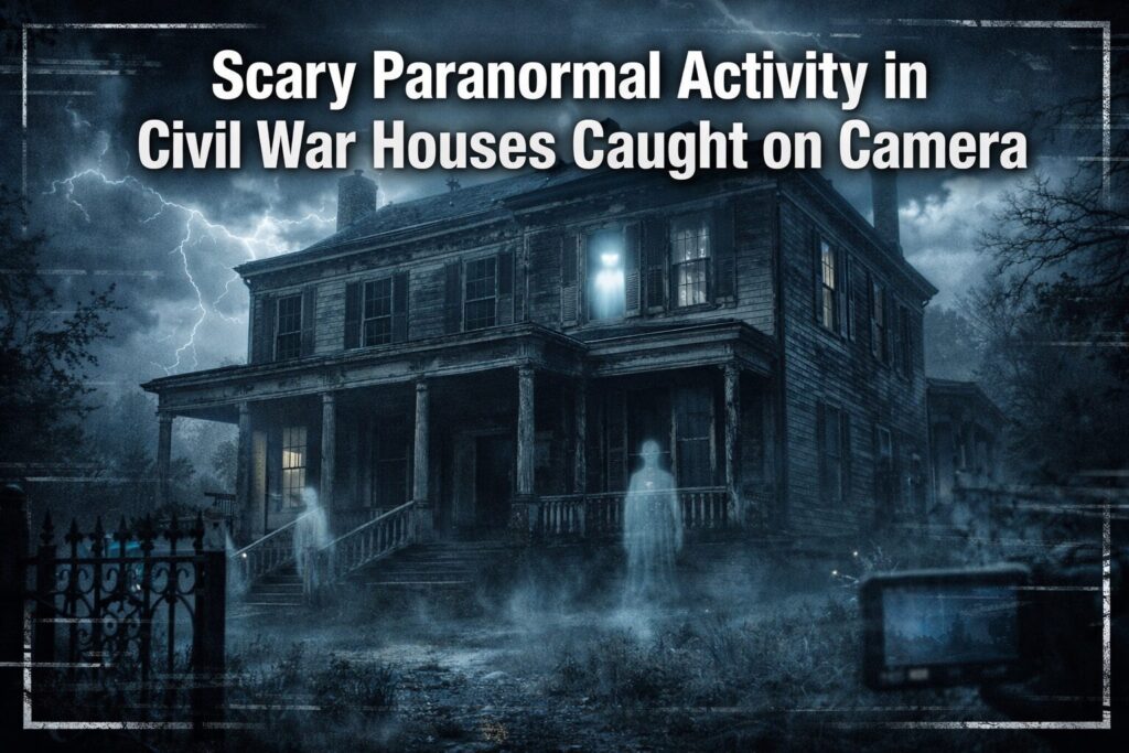 Stormy night scene of a haunted Civil War era Southern house with ghostly apparitions in the upstairs window and front porch, surrounded by fog, lightning, and a paranormal camera overlay.