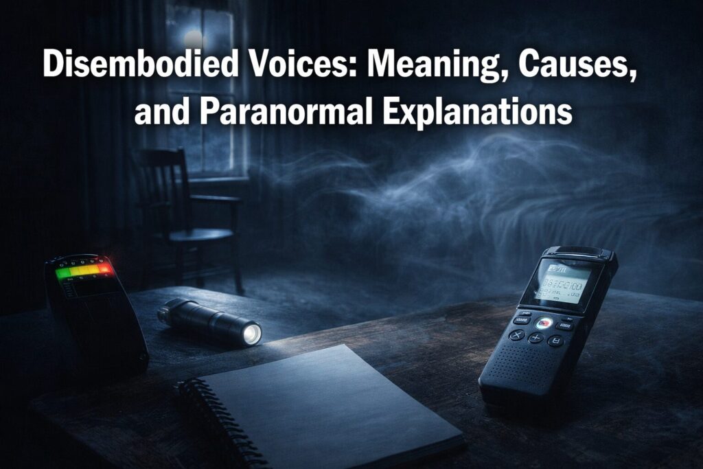 Wide paranormal featured image showing a nighttime investigation scene in an old bedroom with a digital voice recorder, EMF meter, flashlight, notebook, empty chair by a moonlit window, and mist symbolizing disembodied voices.