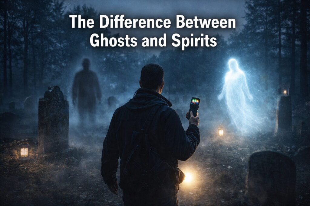 Paranormal investigator in a foggy cemetery at dusk observing a dark ghost figure and a glowing spirit figure for a featured image about the difference between ghosts and spirits.