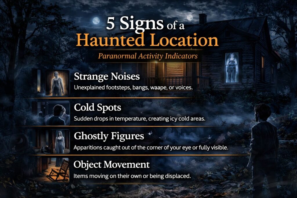 Wide horizontal paranormal infographic showing signs of a haunted location with a moonlit house, ghostly figure in the window, foggy yard, and sections for strange noises, cold spots, ghostly figures, and object movement.
