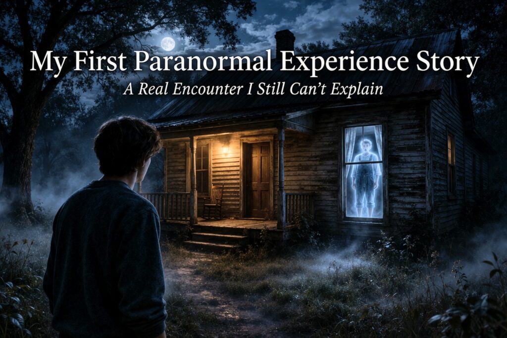 Wide horizontal featured image of a haunted rural Southern house at night with moonlight, fog, and a glowing apparition in overalls, while a lone figure watches from the yard beneath the title My First Paranormal Experience Story: A Real Encounter I Still Can’t Explain.