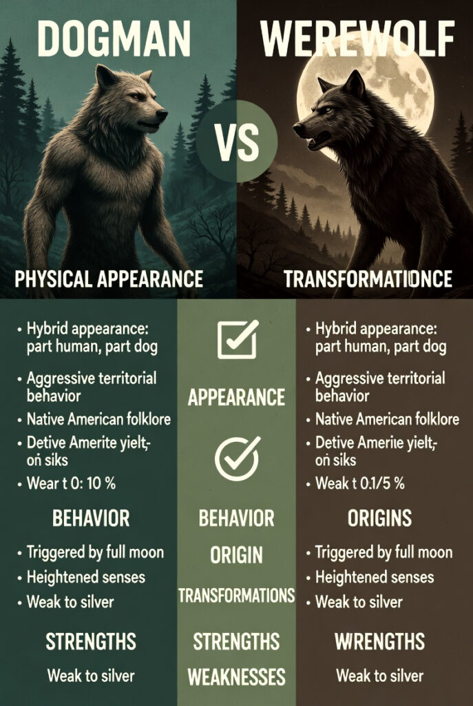 Dogman vs Werewolf infographic comparing physical appearance, behavior, origins, strengths, and weaknesses of the Dogman cryptid and the mythical Werewolf