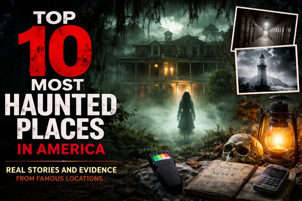 Wide horizontal featured image for Top 10 Most Haunted Places in America showing a dark haunted mansion in a foggy forest, a ghostly figure on a misty path, paranormal investigation equipment, and eerie famous-location photo inserts.