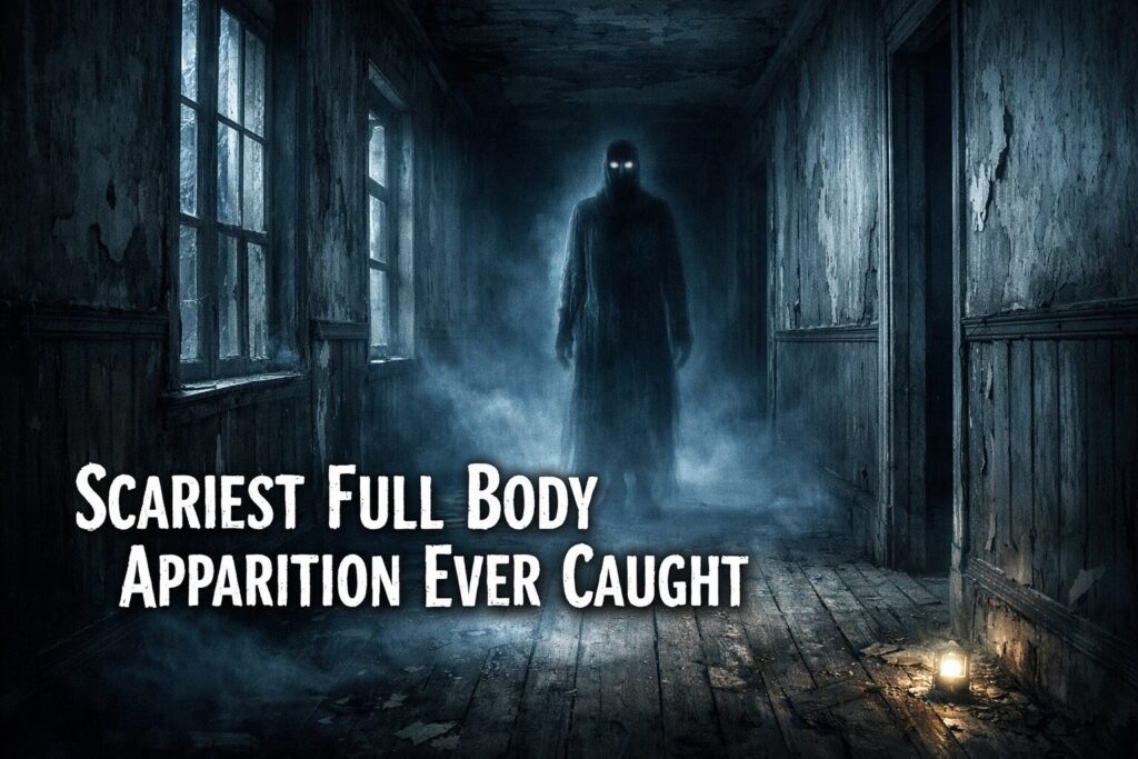 Scary full body apparition standing in a dark abandoned hallway with eerie mist and glowing eyes
