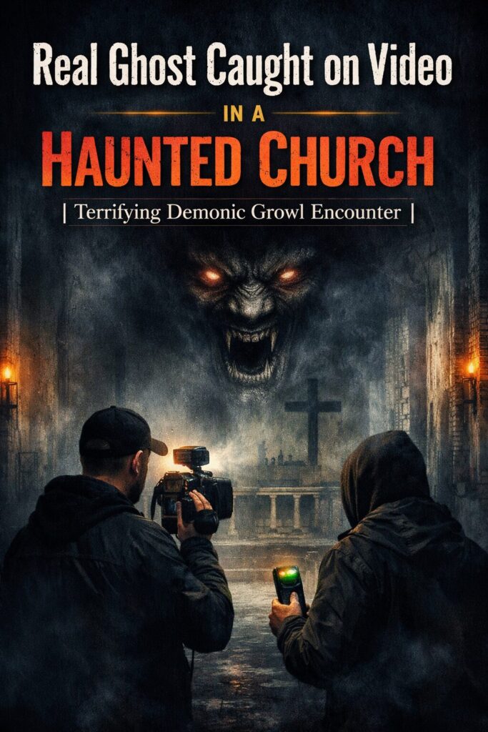 Vertical paranormal poster showing investigators inside a haunted church with a demonic face in the mist and the title Real Ghost Caught on Video in a Haunted Church