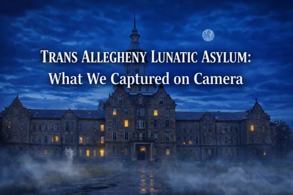 Trans Allegheny Lunatic Asylum at night with a dark blue sky, glowing windows, ground fog, and a ghostly apparition near the entrance