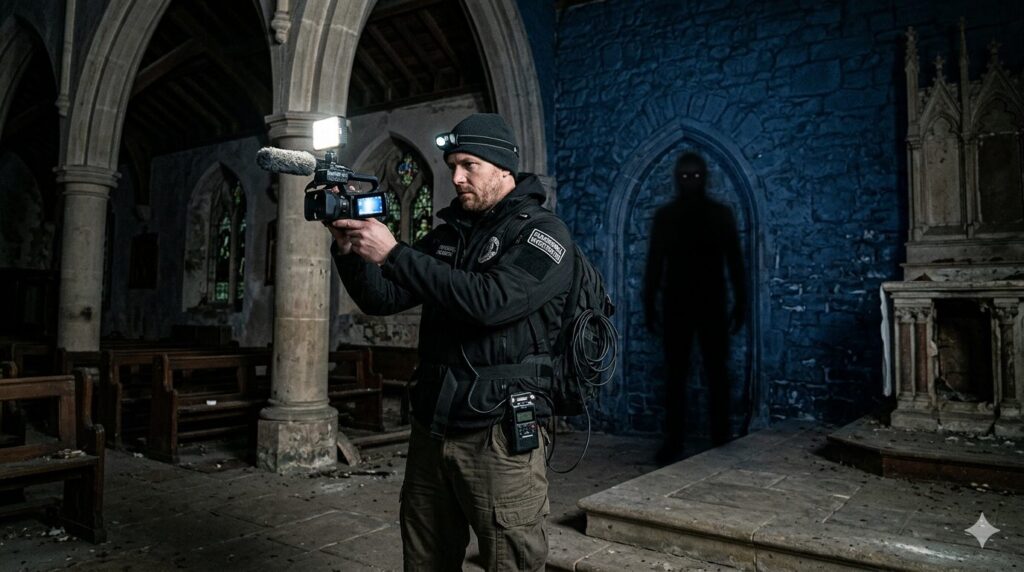 An investigator in tactical gear films inside a dimly lit, crumbling stone church with a professional camcorder. A tall, ominous black shadow figure with glowing eyes stands directly behind him against a navy blue stone wall, unnoticed by the investigator.