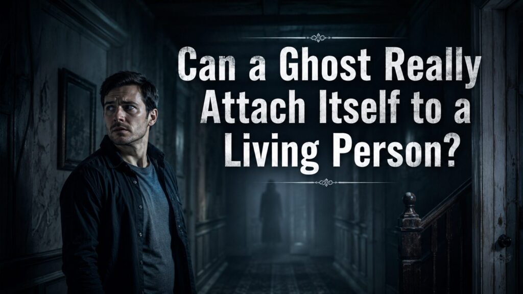 A frightened man standing in a dark, haunted hallway with a faint shadowy figure behind him and bold text asking, “Can a Ghost Really Attach Itself to a Living Person?”