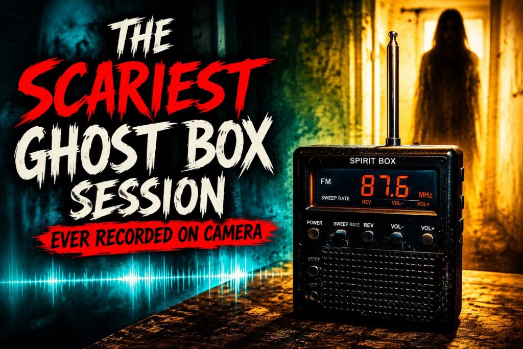 Wide horizontal featured image showing a dark spirit box on a table with glowing radio frequencies, red horror-style text, and a shadowy ghost figure in a yellow-lit haunted doorway.