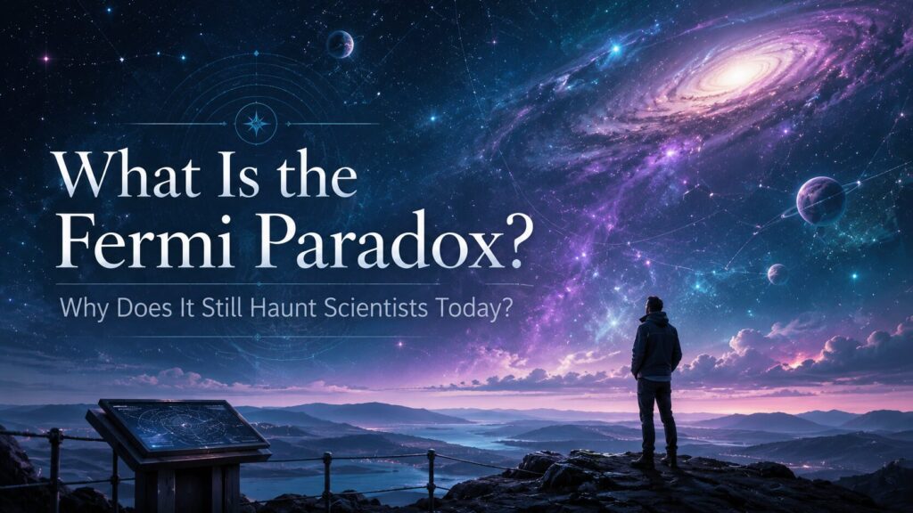 Wide cosmic featured image showing a person overlooking a purple and blue galaxy-filled sky with planets, stars, and a distant spiral galaxy, representing the mystery of the Fermi Paradox and why scientists still search for alien life.