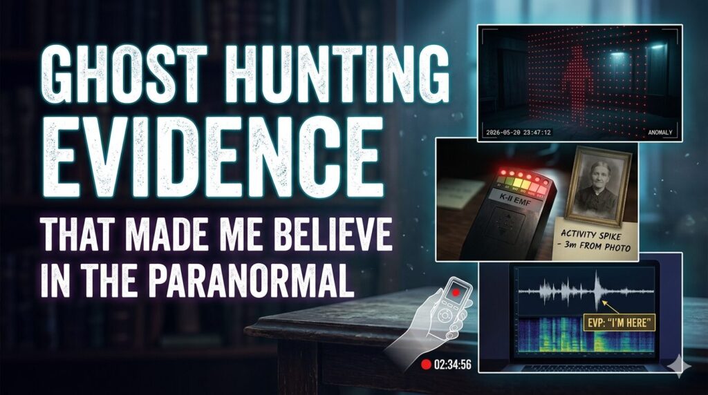 A composite image for a YouTube video titled "GHOST HUNTING EVIDENCE THAT MADE ME BELIEVE IN THE PARANORMAL," featuring a laser grid anomaly, a K-II EMF meter reading near an old portrait with text reading "ACTIVITY SPIKE - 3m FROM PHOTO," and a laptop showing an EVP with the text "EVP: I'M HERE."