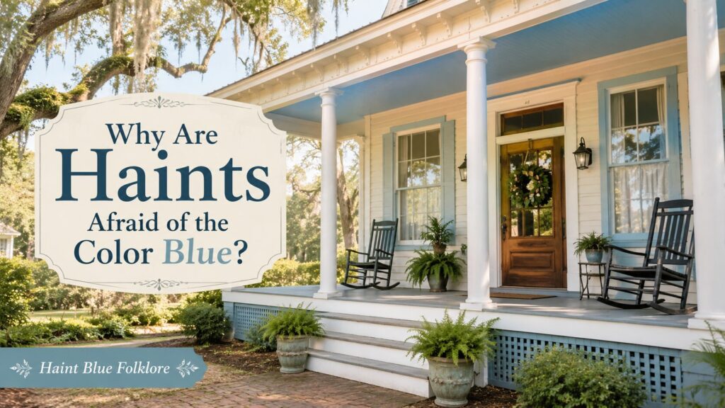 Historic Southern home with a haint blue porch ceiling, light blue window trim, white columns, rocking chairs, potted plants, Spanish moss, and warm daylight for a folklore article about why haints are afraid of the color blue.